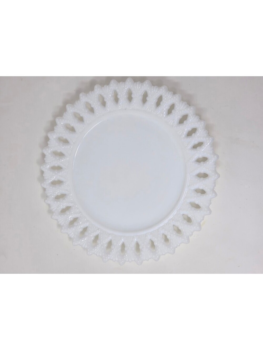 White Milk Glass Lace Edge Serving Plate Round 8 Inch Openwork Rim Dish